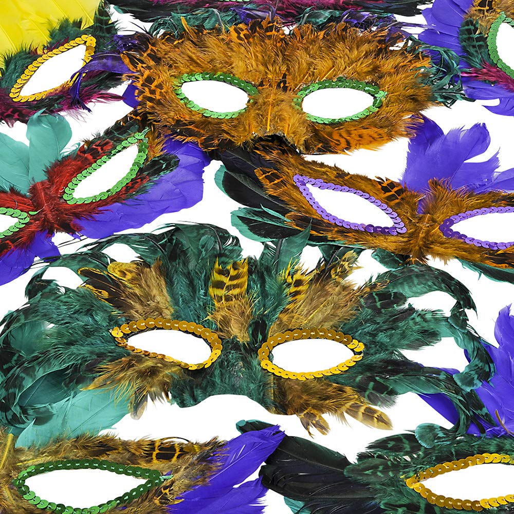 Bedwina Mardi Gras Masks - (Pack of 50) Bulk Carnival Masquerade Mask Costume Party Supplies, Feather Mardi Gras Decorations for