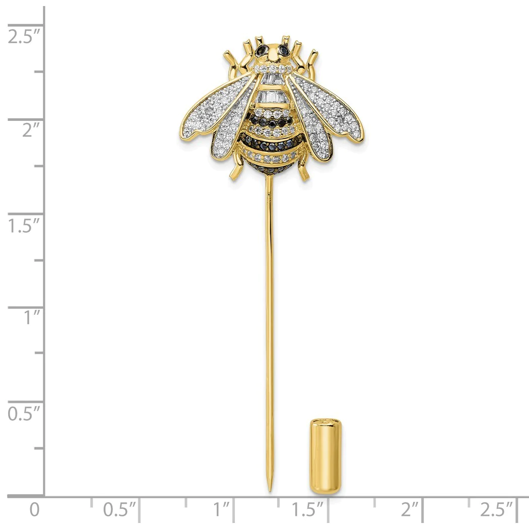 Jewelryweb 24.7mm Sterling Silver Rhodium-plated Gold Tone Black and Clear Cubic Zirconia Bumblebee Pin