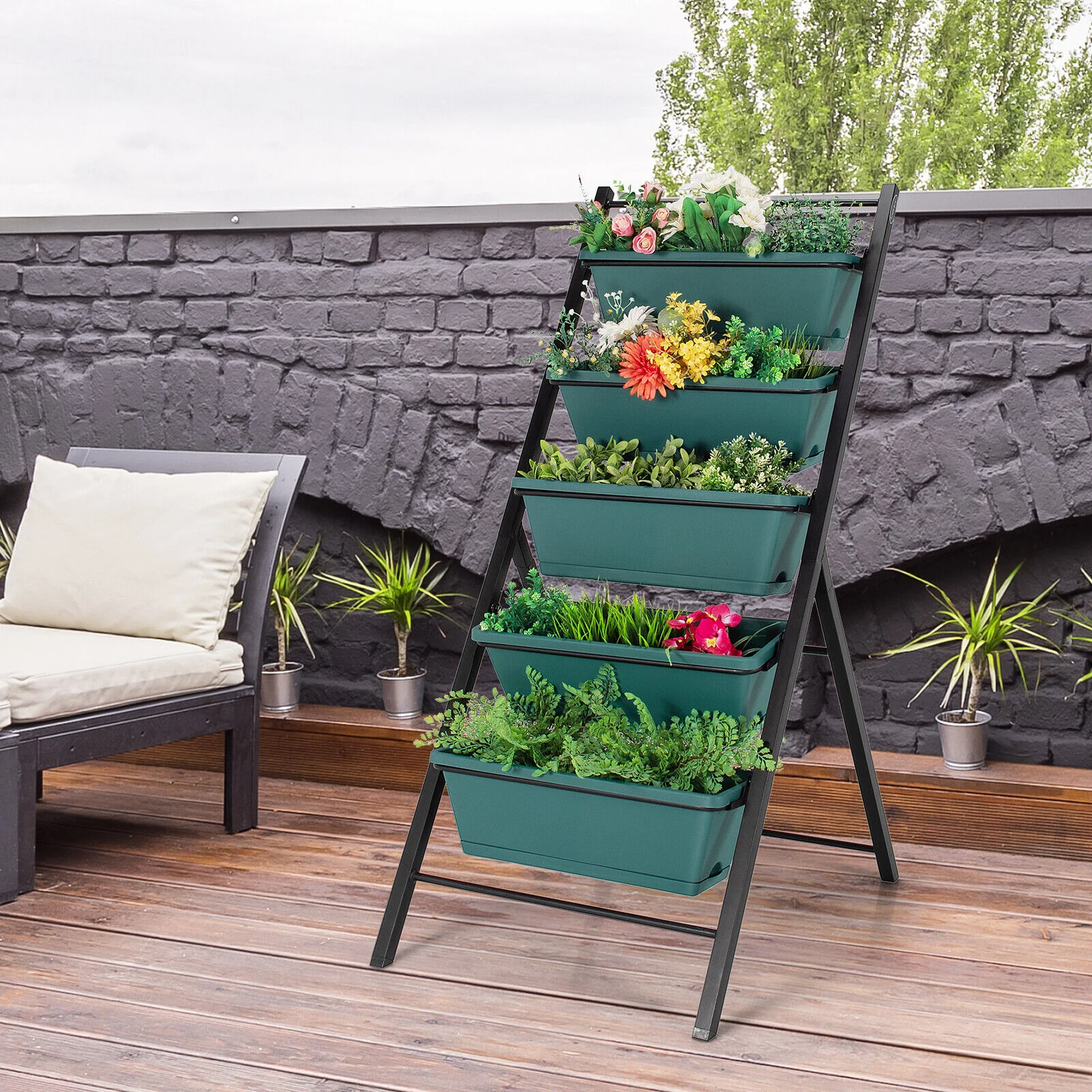 Great Choice Products 2Pcs 5-Tier Vertical Garden Planter Box Elevated Raised Bed W/5 Container Green