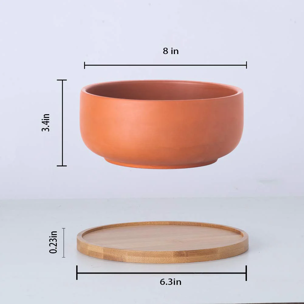 EPFamily Terracotta Shallow Succulent Planter, 8 Inch Planter Pot with Bamboo Tray, Clay Flower Pot Indoor and Outdoor Planter w