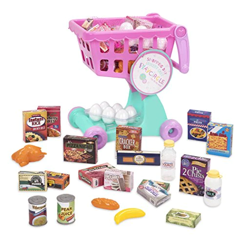 Play Circle by Battat – Pink Shopping Day Grocery Cart – Toy Shopping Cart with Pretend Play Food Items – Realistic Kitchen Acce