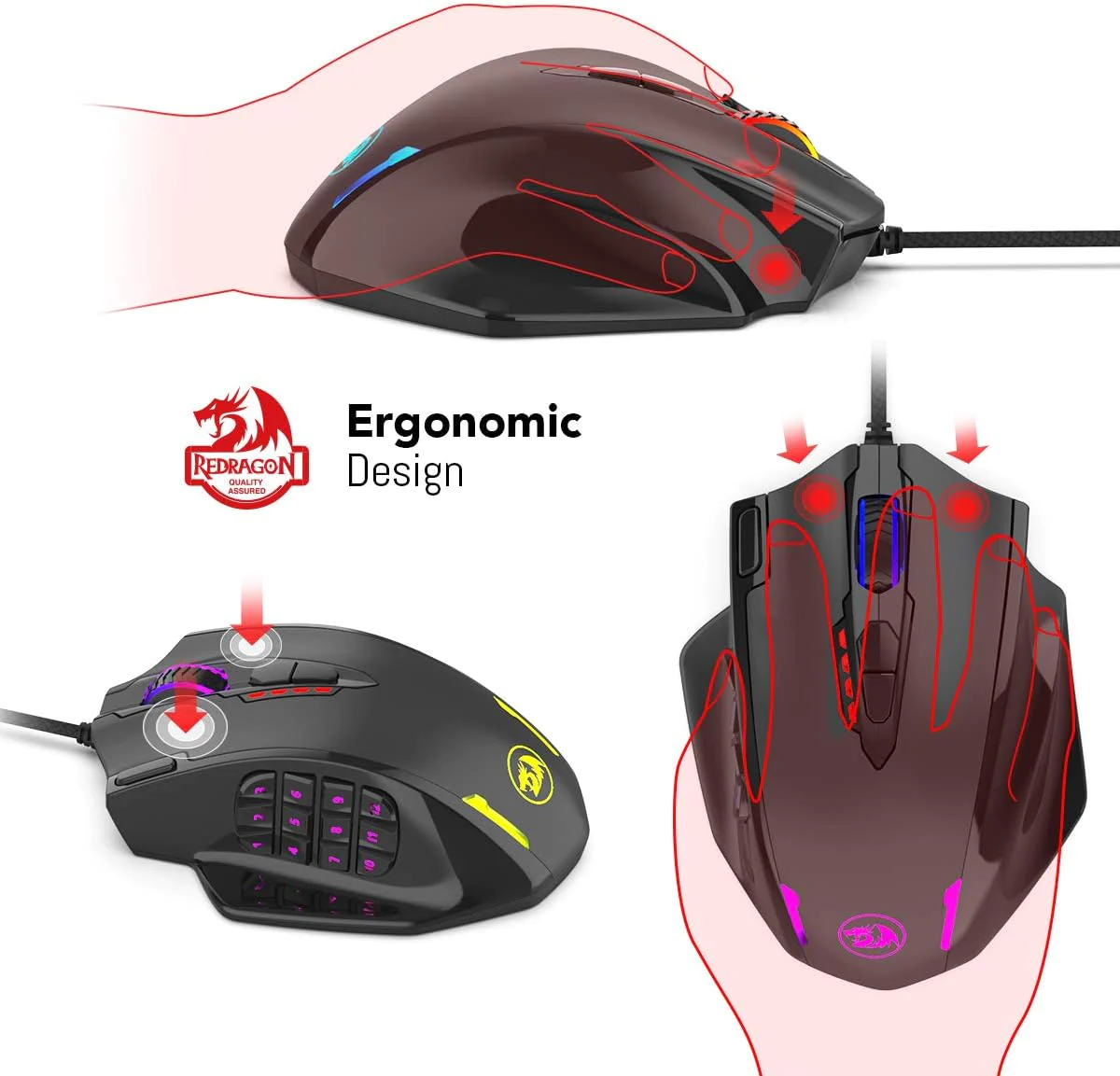 Redragon M908 Impact RGB LED MMO Mouse with Side Buttons Optical Wired Gaming Mouse with 12,400DPI