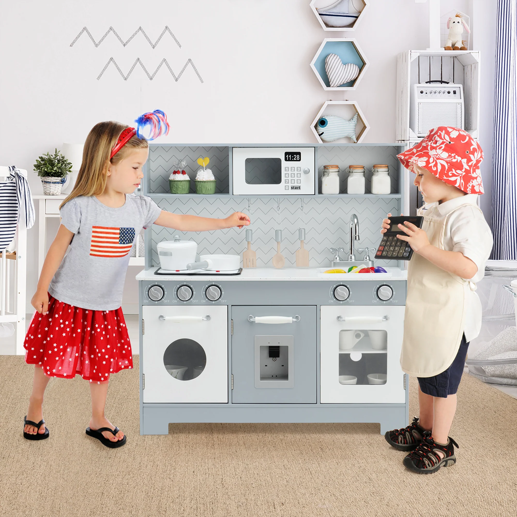 Costway Pretend Play Kitchen Wooden Toy Set for Kids w/ Realistic Light &a; Sound