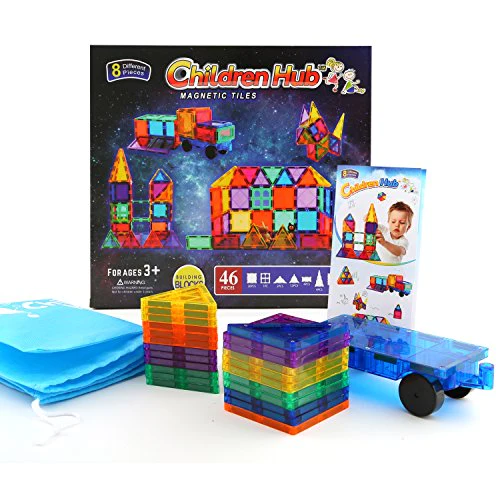 Children Hub 46pcs Magnetic Tiles Set - Educational 3D Magnet Building Blocks - Building Construction Toys for Kids - Upgraded V