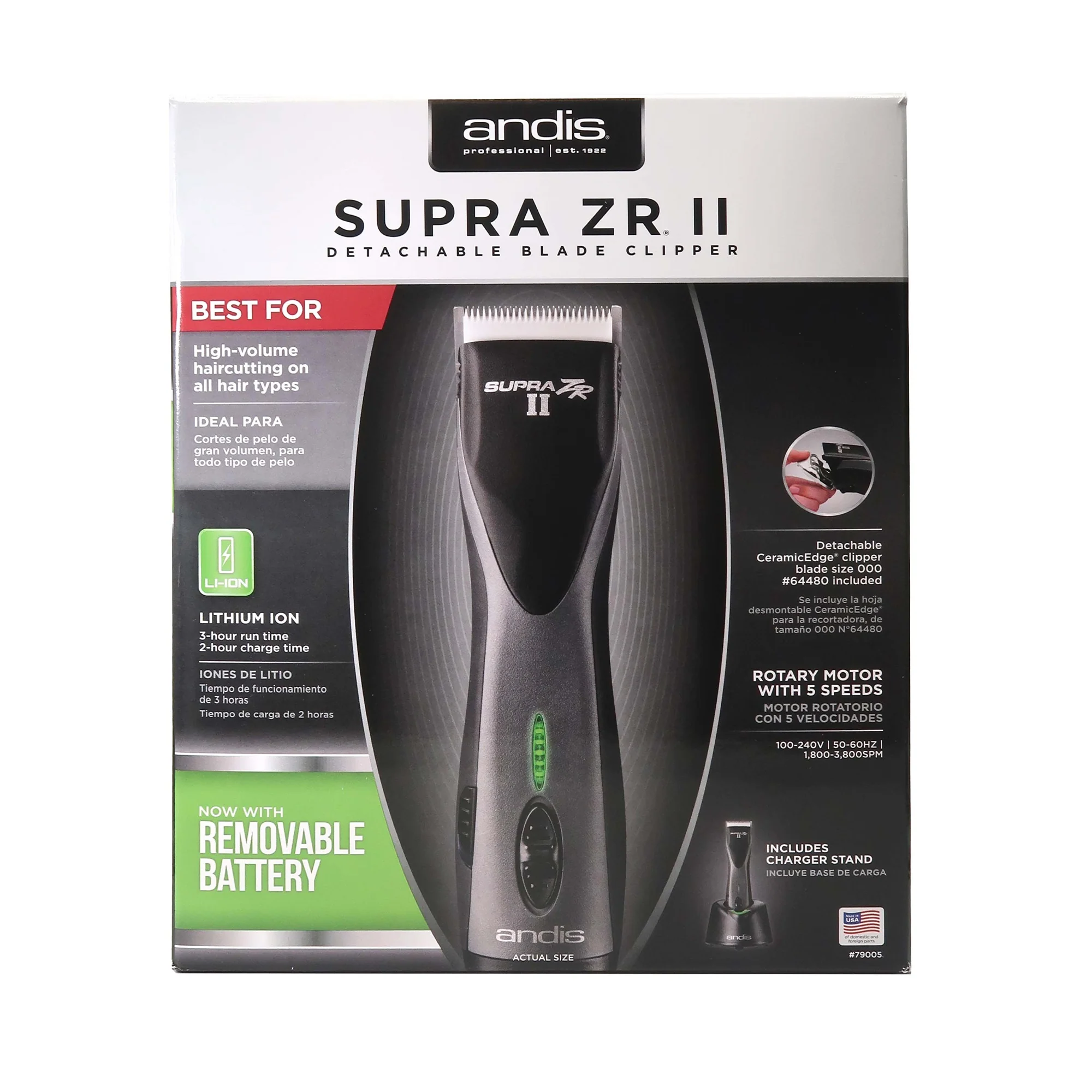 Andis Supra ZR II Cordless Detachable Blade Clipper with CeramicEdge Blade