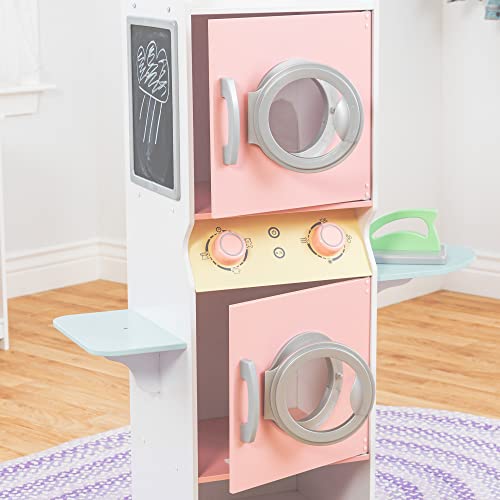 KidKraft Laundry Playset Childrens Pretend Wooden Stacking Washer and Dryer Toy with Iron and Basket, Pastel, Gift for Ages 3+