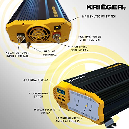 K KRIGER Krieger 1100 Watt 12V Power Inverter Dual 110V AC Outlets, Installation Kit Included, Automotive Back Up Power Supply For Blende