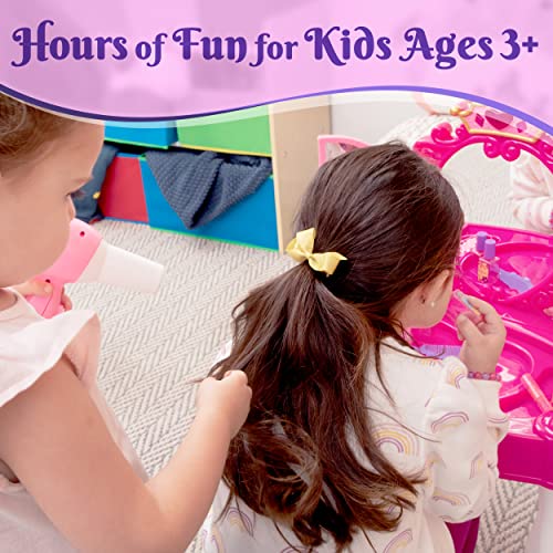 Prextex Kids Makeup Table with Mirror and Chair, Princess Play Set, Vanity Table with Makeup Accessories and Light and Musical S