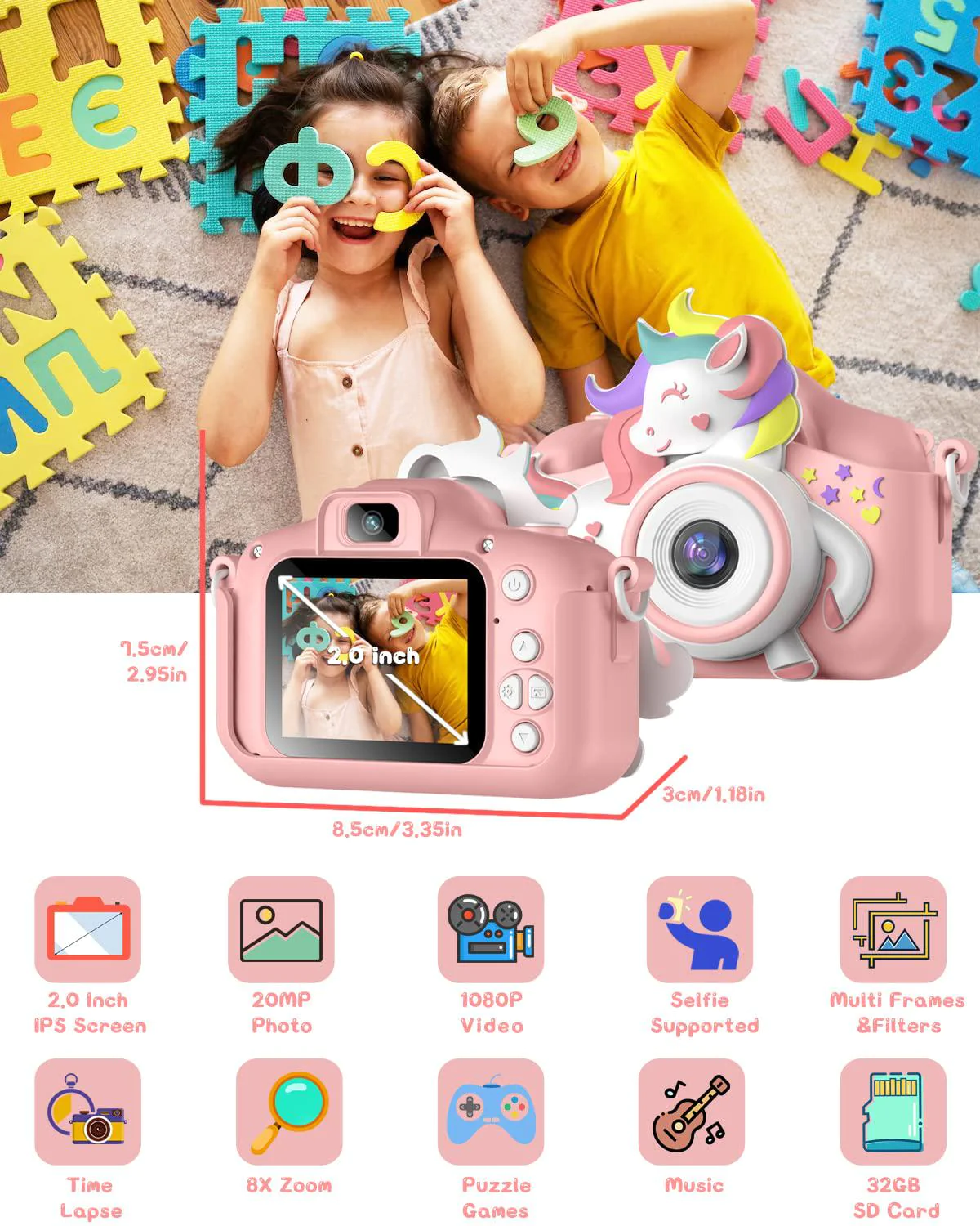 Gofunly kids camera for 3-8 years old toddlers childrens boys girls selfie camera 20.0 mp hd 1080p ips screen dual digital toy camera