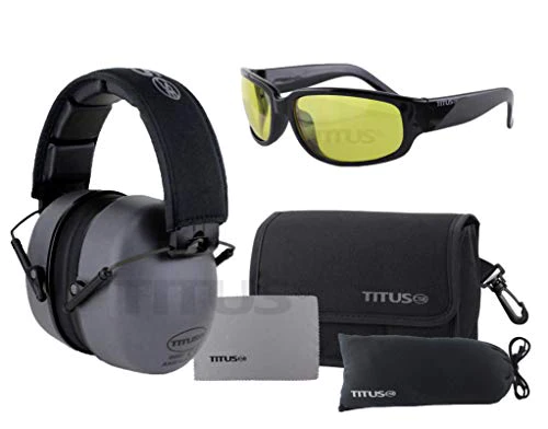 Titus 3 Series - 37 NRR Noise Reduction Hearing Protection &a; G26 Competition Z87.1 Safety Glasses Combos (Red, Clear)