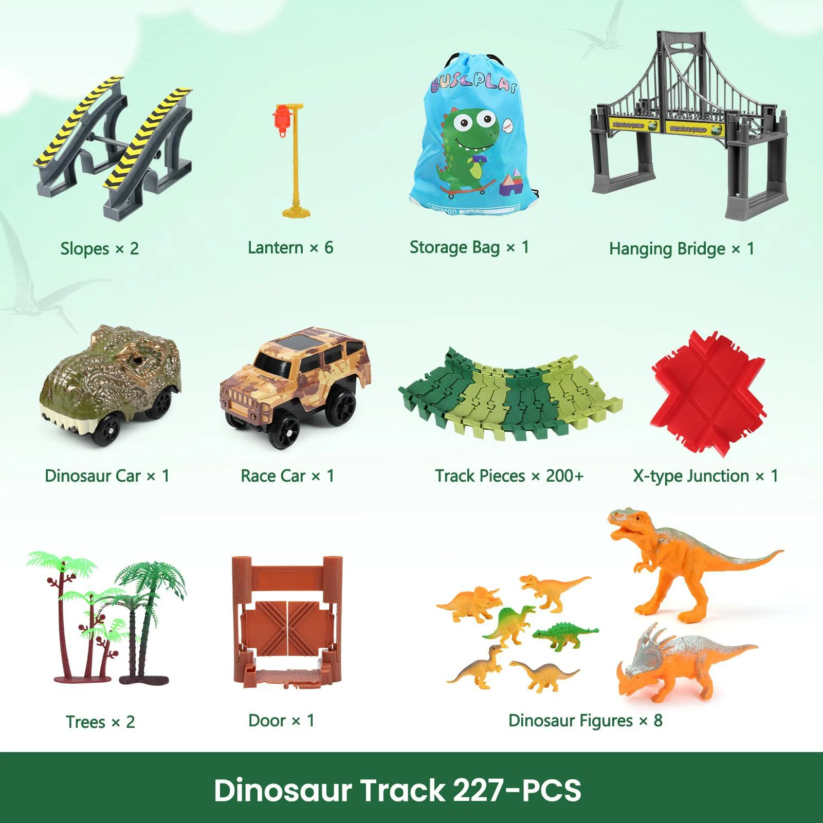 BUILPLAY dinosaur track toys with 227pcs flexible track, 1 dinosaur car, 1 race car, 8 dinosaurs for 3 4 5 6+ year old boys girls best