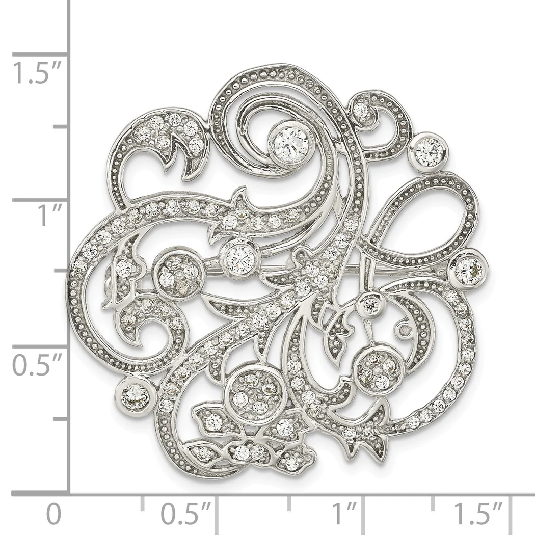 Jewelryweb 36.9mm Sterling Silver Polished Cubic Zirconia Filigree Floral Vintage Style Pin Brooch