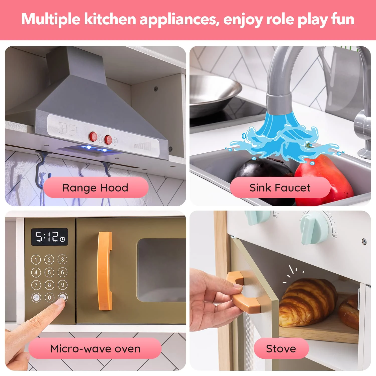 GCP Products Kids Kitchen Playset Toy Kitchen With Light &a; Sound,Wooden Toddler Play Kitchen For Girls Kids Ages 4-8(White)