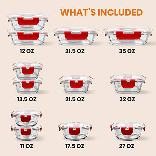 NutriChef superior glass food storage containers - 24-piece stackable glass meal-prep containers w/ newly innovated hinged bpa-free 100
