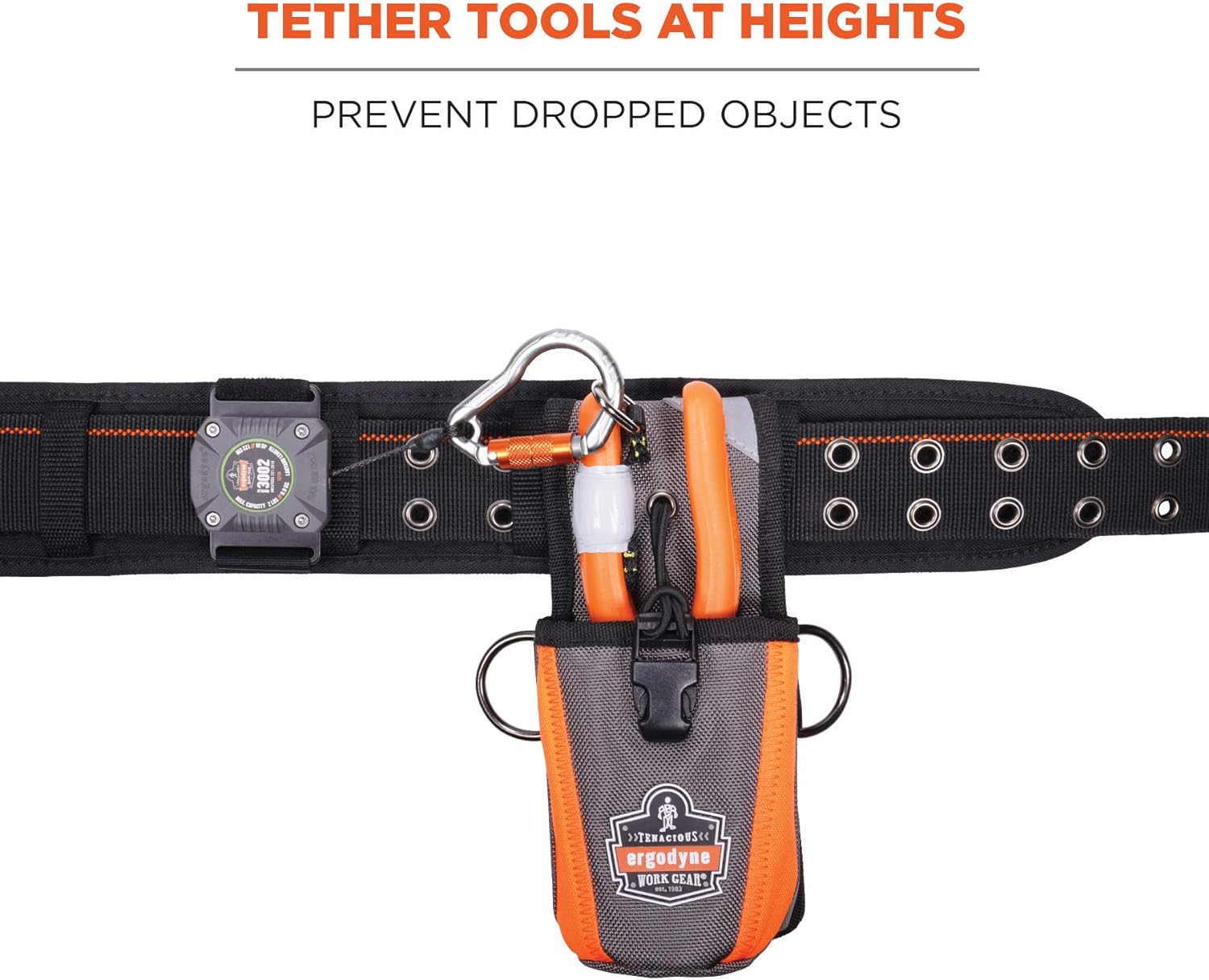 ERGODYNE Squids 3002 Retractable Tool Lanyard with Locking Carabiner, Straps to Attach to Belt or Harness, Gray, Standard