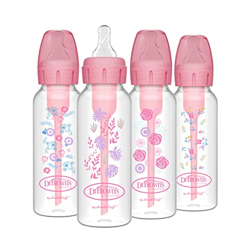 Dr. Brown&s;s Natural Flow Anti-Colic Options+ Narrow Baby Bottles, Floral Designs, 8oz/250mL, with Level 1 Slow Flow Nipples 4-Pa