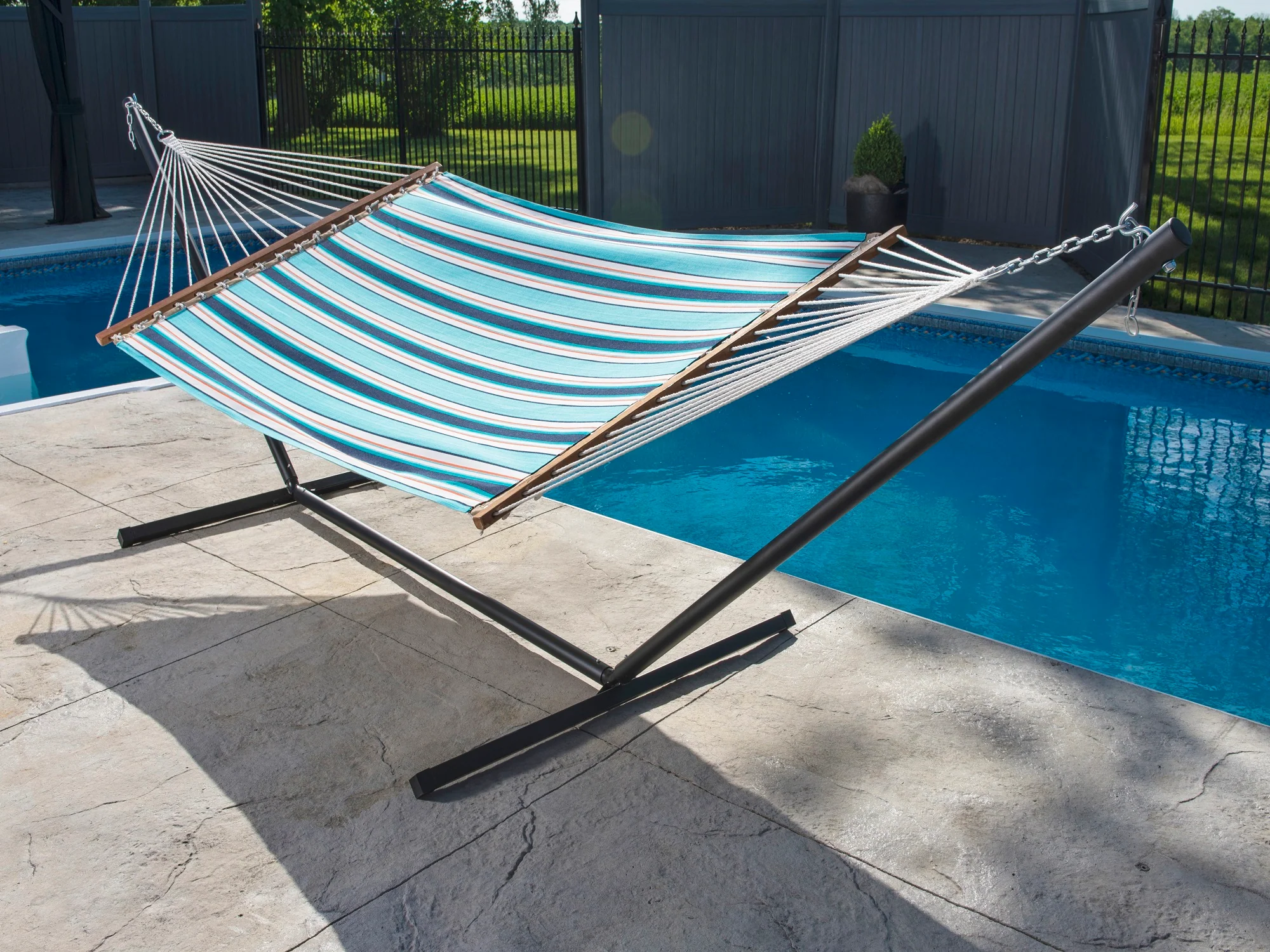 The Hamptons Collection 144” Blue and White Striped Sunbrella Quilted Two Person Hammock