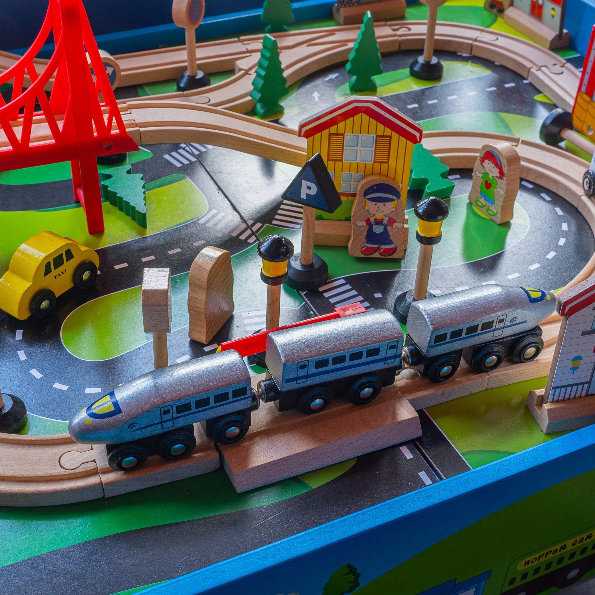 funpeny train table toys,wooden train track railway city sets table for kids toddlers