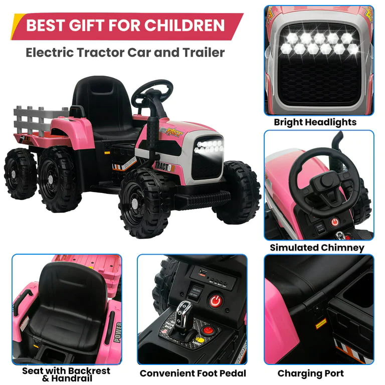 Dreamer 12V Kids Ride on Tractor with Trailer, Battery Powered Ride on Toy Car w/ Music, USB, LED Light, Horn, Outdoor Kid Pickup Truck