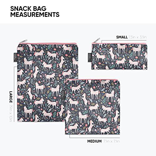 simple modern reusable snack bags sandwich bag for kids food storage, ellie 3 pack -unicorn fields