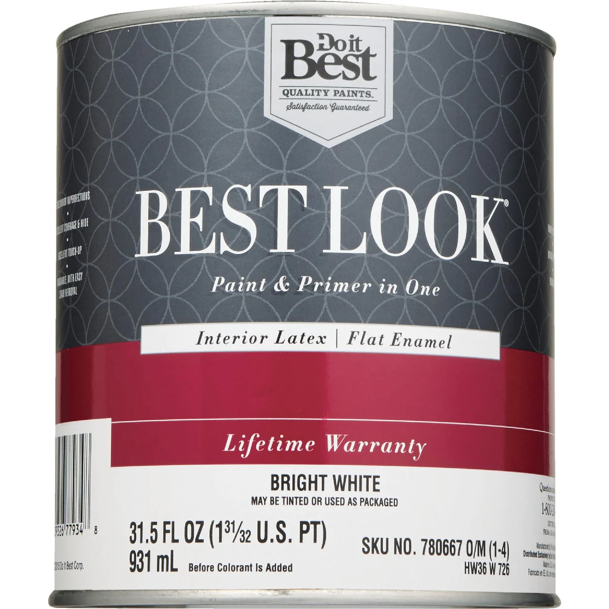 Best Look SIM Supply, Inc. HW36W0726-14 Best Look Latex Premium Paint &a; Primer In One Flat Enamel Interior Wall Paint, Bright White, 1 Qt.