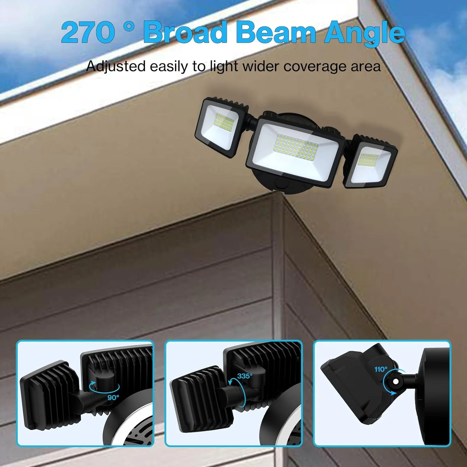 Olafus 55W Flood Lights Outdoor, 5500LM LED Security Lights, 6500K Exterior Flood Light with 3 Adjustable Heads, Black Outdoor Flood L