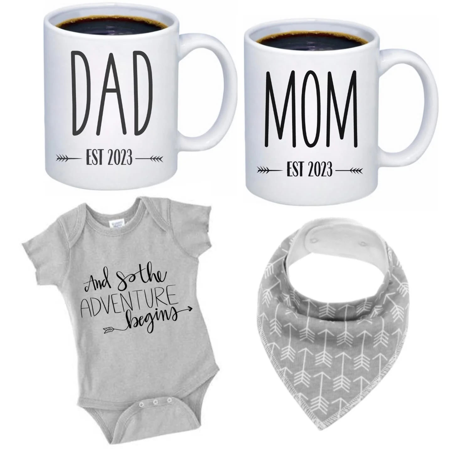 Tipit Drinkware Pregnancy gift Est 2023-New Parents gifts-Mommy and Daddy Est 2023 11 oz Mug Set -And So The Adventure Begins Romper (0-3M)-Top