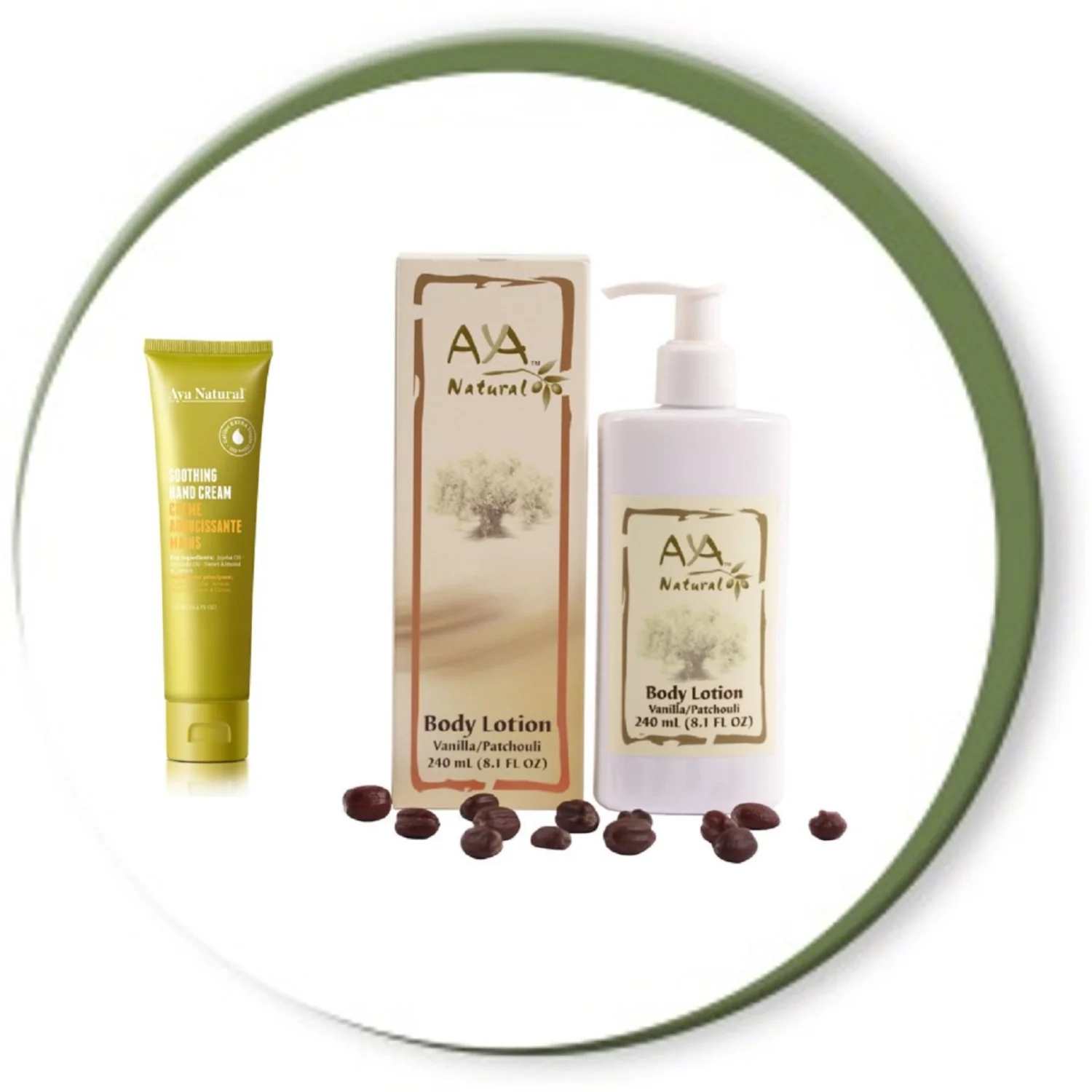 Aya Natural Soothing Hand Cream &a; Patchouli Vanilla Body Lotion | With Moisture-RichExtra Virgin Olive| 3.4 Oz &a; 8.1 Oz