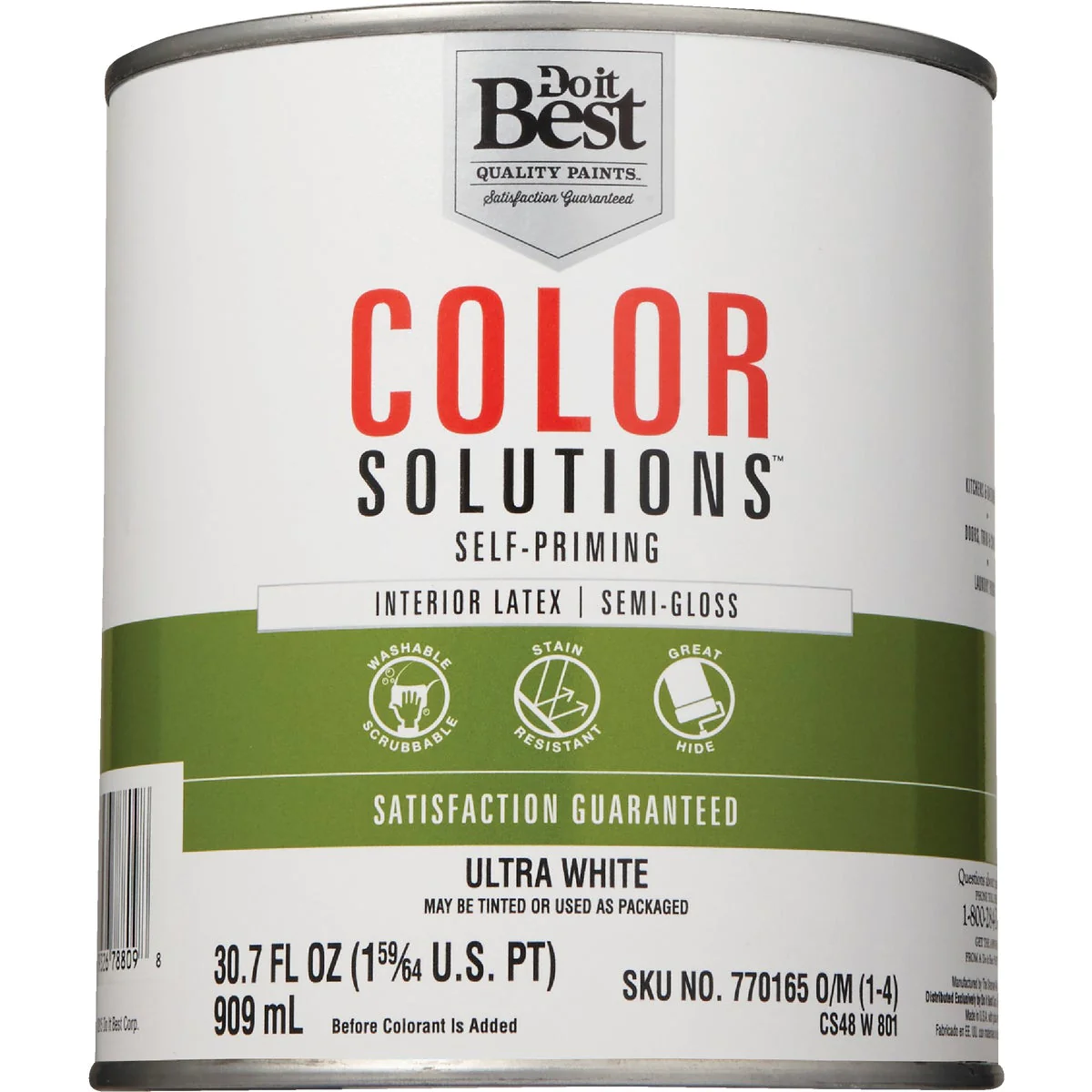 Color Solutions SIM Supply, Inc. CS48W0801-14 Do it Best Color Solutions Latex Self-Priming Semi-Gloss Interior Wall Paint, Ultra White, 1 Qt. C