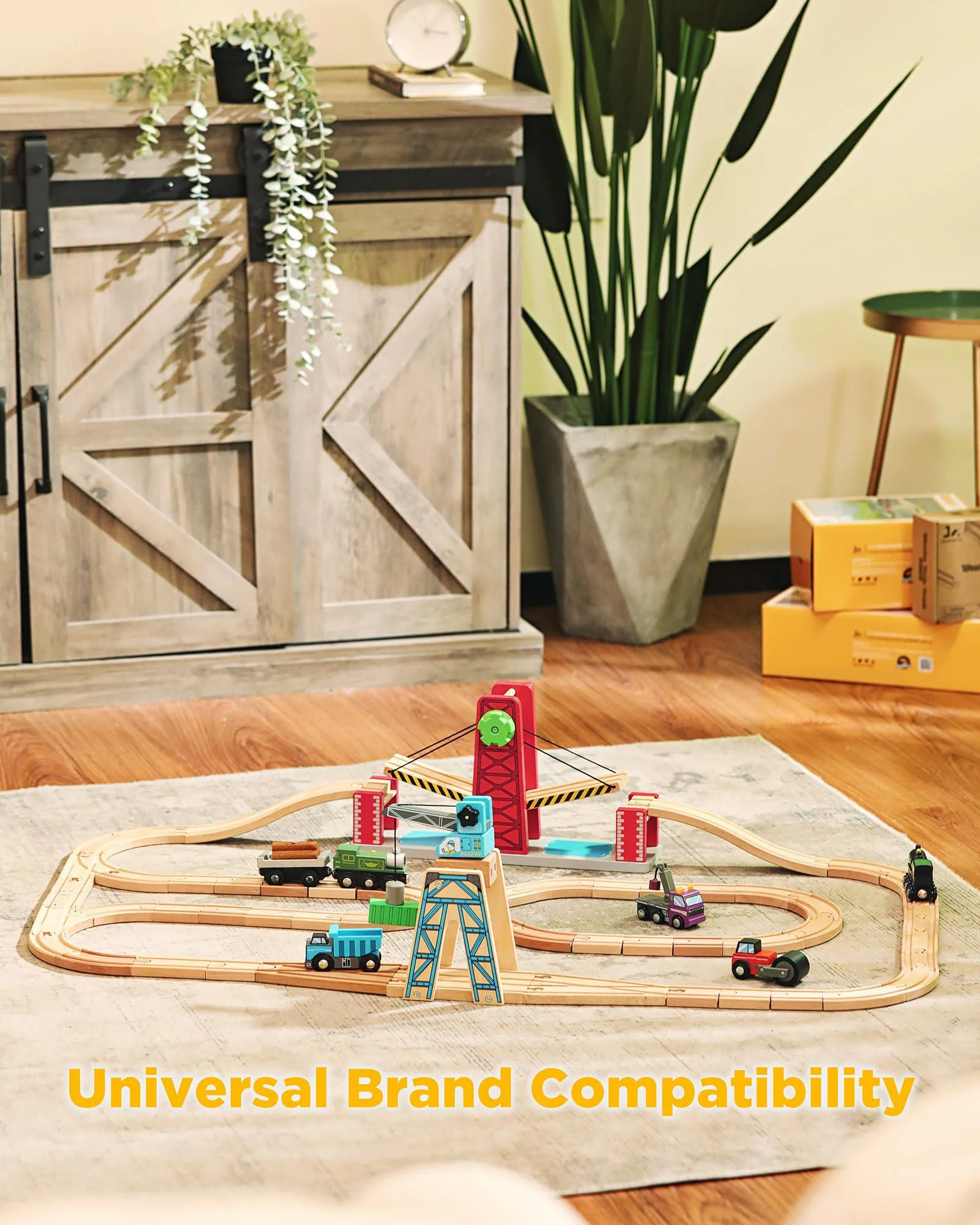 sainsmart jr. wooden train track 52 pcs, track expansion compatible with all major brands toddler railway toy train set boys