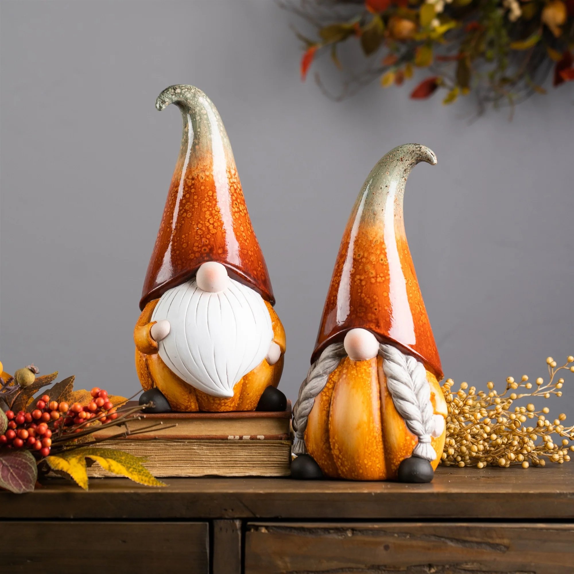 Melrose Set of 2 Pumpkin Gnome Fall Harvest Tabletop Decor 11.5
