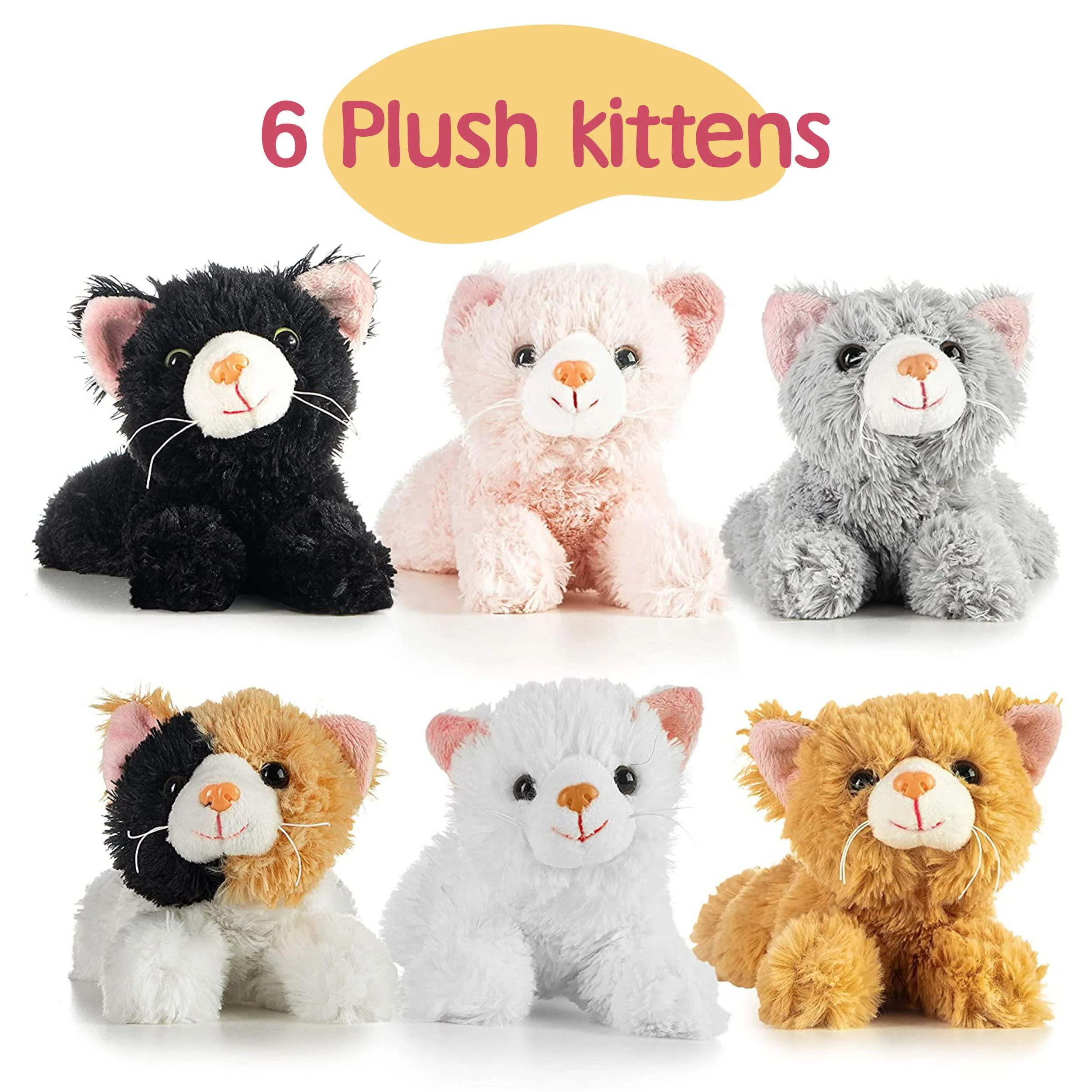 prextex pack of 6 small stuffed cats 6-inch plush kittens toys for baby girls boys kids