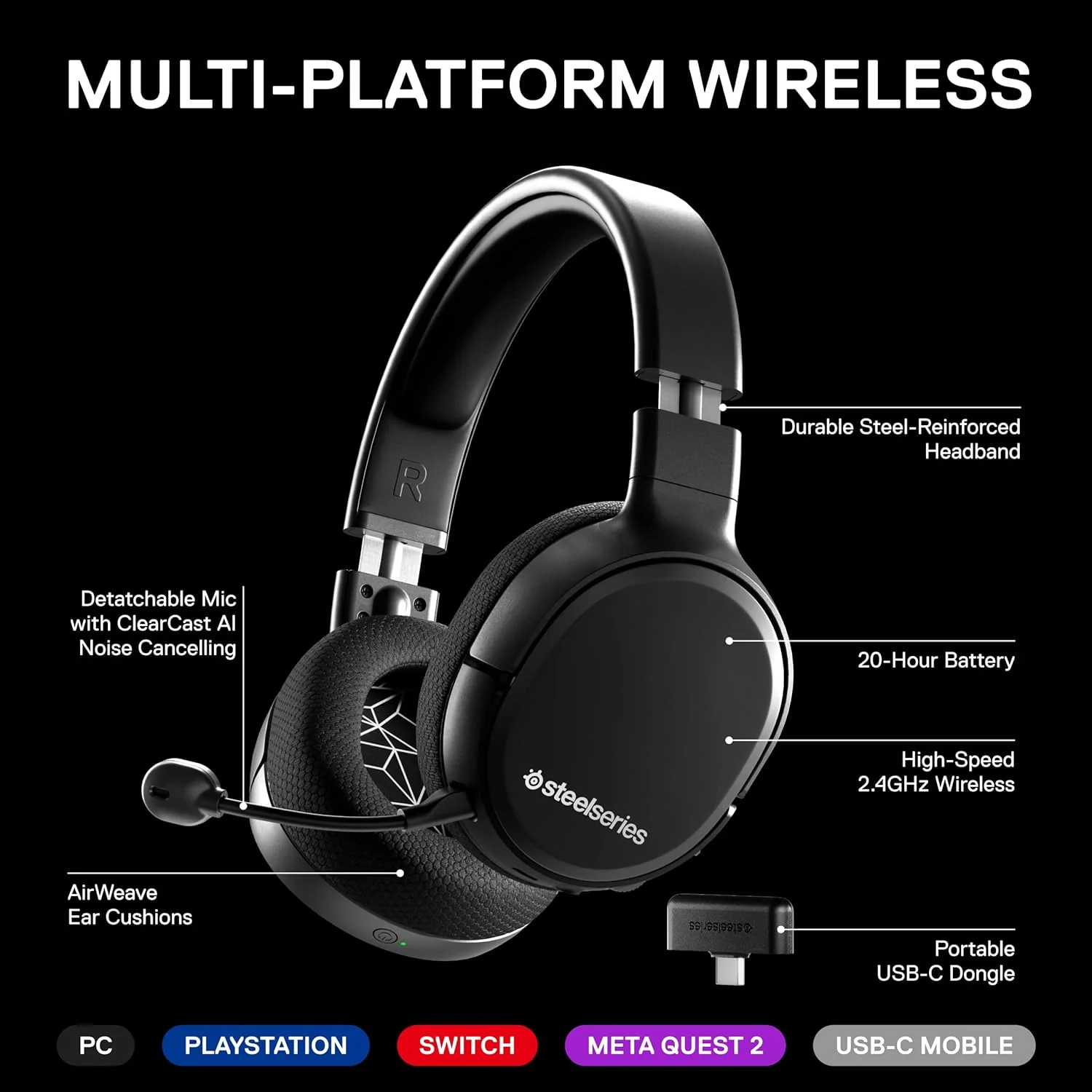 GCP Products Arctis 1 Wireless Gaming Headset “ Usb-C “ Detachable Clearcast Microphone “ For Pc, Ps4, Nintendo Switch And Lite, Android “…
