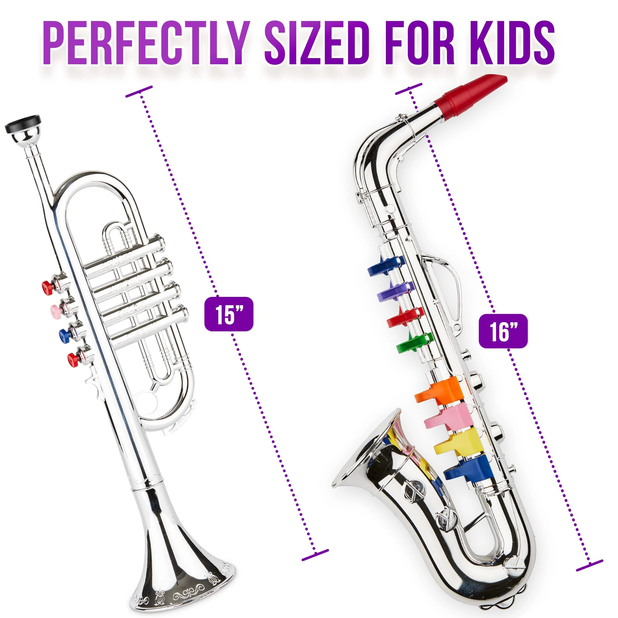 Click n\&s; Play click n&s; play toy trumpet and toy saxophone set for kids - create real music - safety tested bpa free - beautiful silver fini
