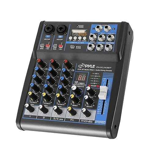 Pyle Professional Audio Mixer Sound Board Console System Interface 4 Channel Digital USB Bluetooth MP3 Computer Input 48V Phanto