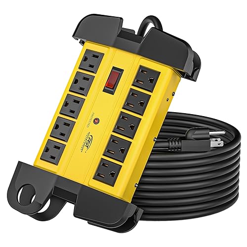 CRST 10-Outlets Heavy Duty Power Strip Metal Surge Protector with 15 Amps, 15-Foot Power Cord 2800 Joules for Garden, Kitchen, O