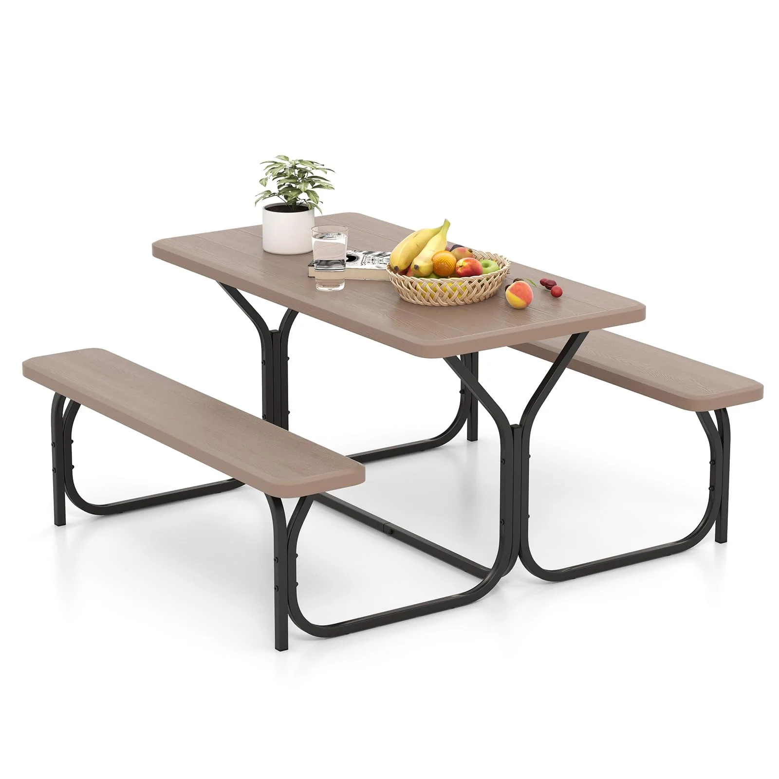 Giantex Picnic Table Bench Set Outdoor Camping All Weather Metal Base Wood-Like Texture Backyard Poolside Dining Party Garden Pa