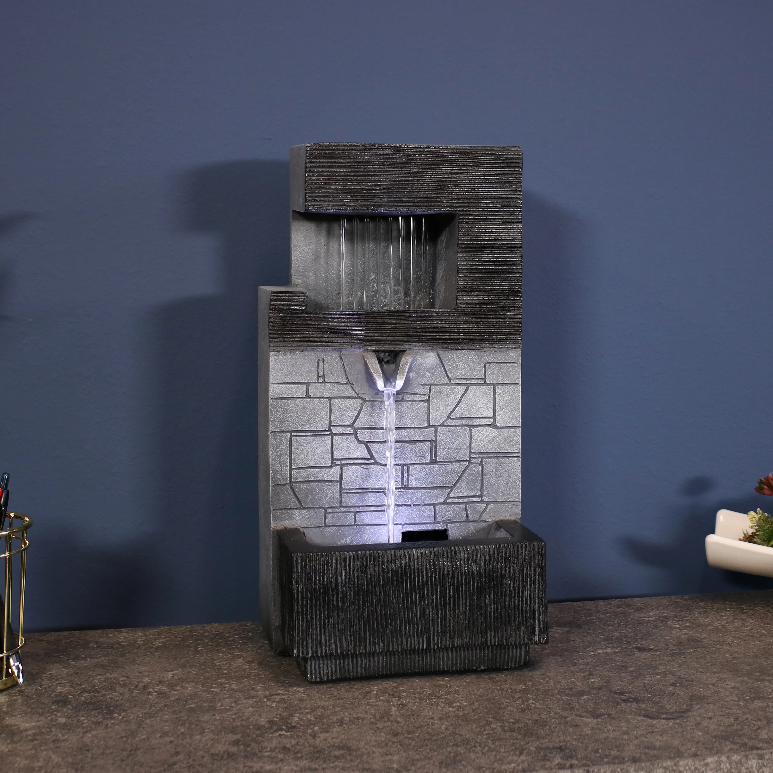 Sunnydaze Decor Modern Tiered Brick Wall Tabletop Water Fountain with LED - 13-Inch