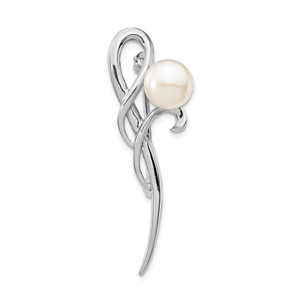 Jewelryweb Sterling Silver Rhod-plat 8-9mm White Button Freshwater Cultured Pearl Brooch Pin
