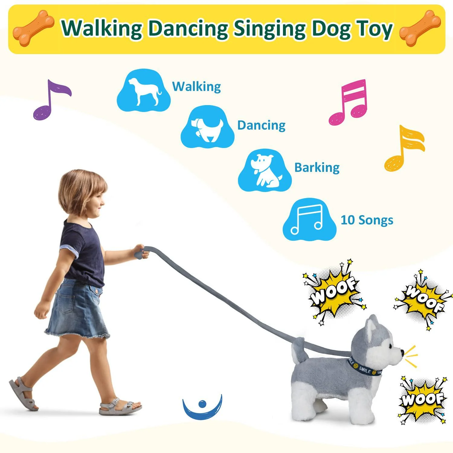 Marsjoy husky walking and barking puppy dog toy with control leash,realistic wagging tail robot interactive musical dancing animated