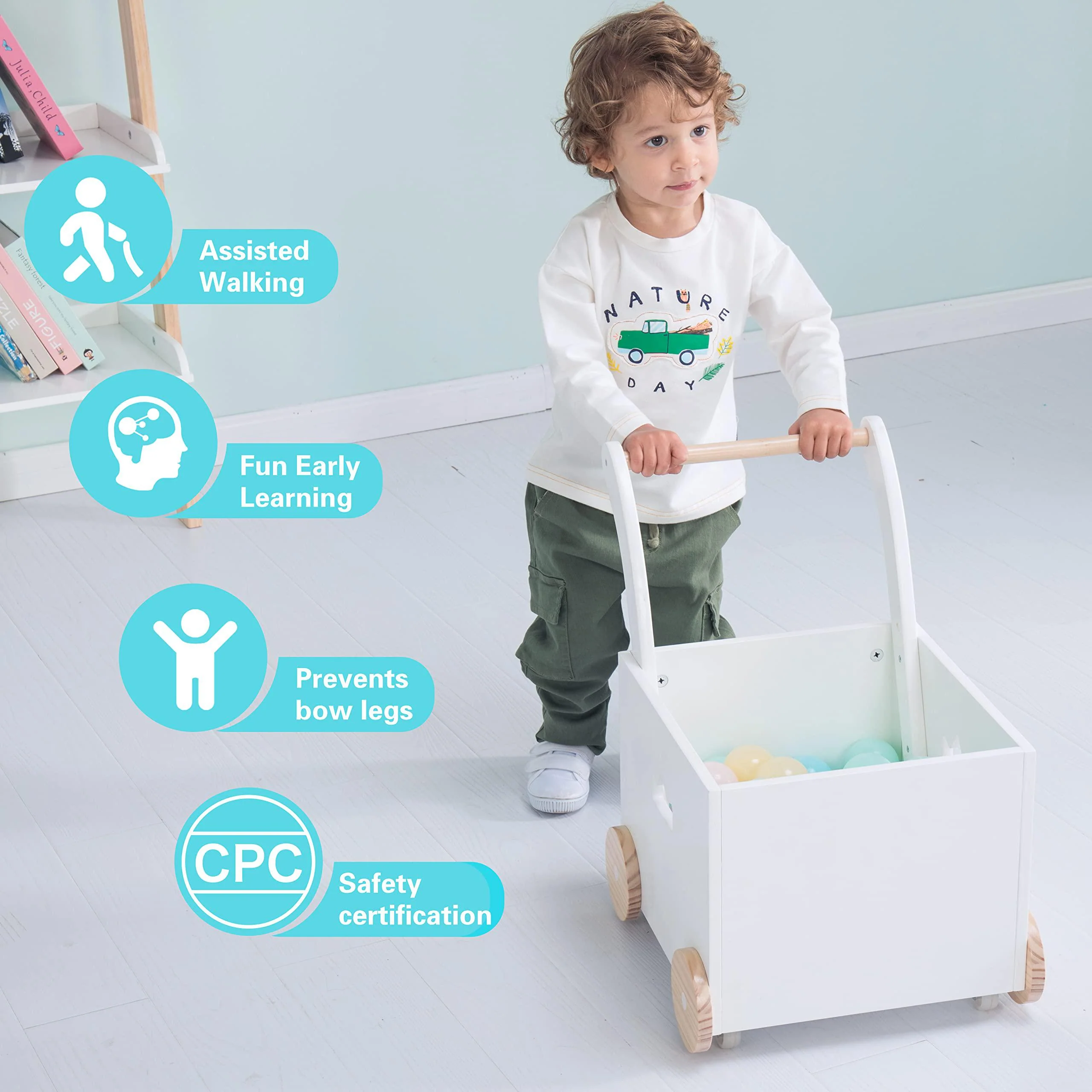 JOLIE VALL&a;Eacute;E TOYS &a;amp; HOME crown children 2-in-1 baby learning walker -toddler baby push walker-wooden strollers - toys with wheels for girls boys 1-3 y
