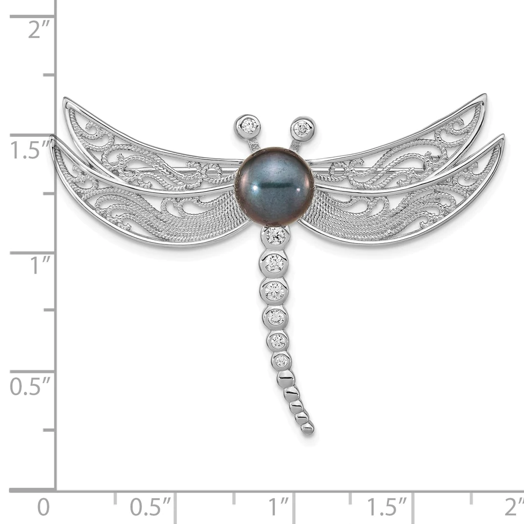 Jewelryweb Sterling Silver Rhodium-plated Filigree Dragonfly Accented With CZ and 8-9mm Black Button Freshwater