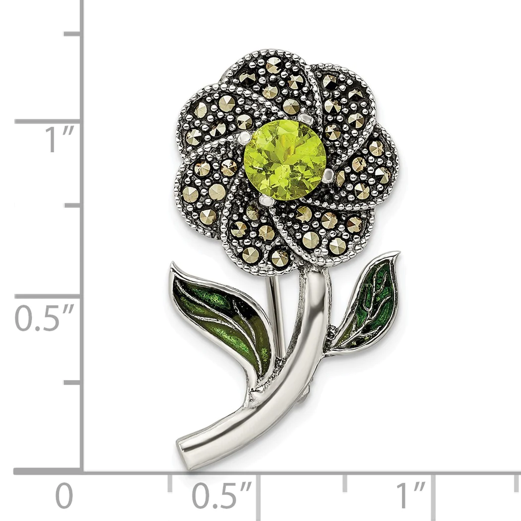 Jewelryweb 16.7mm Sterling Silver Antiqued Enamel Marcasite and Green Glass Stone Flower Pin
