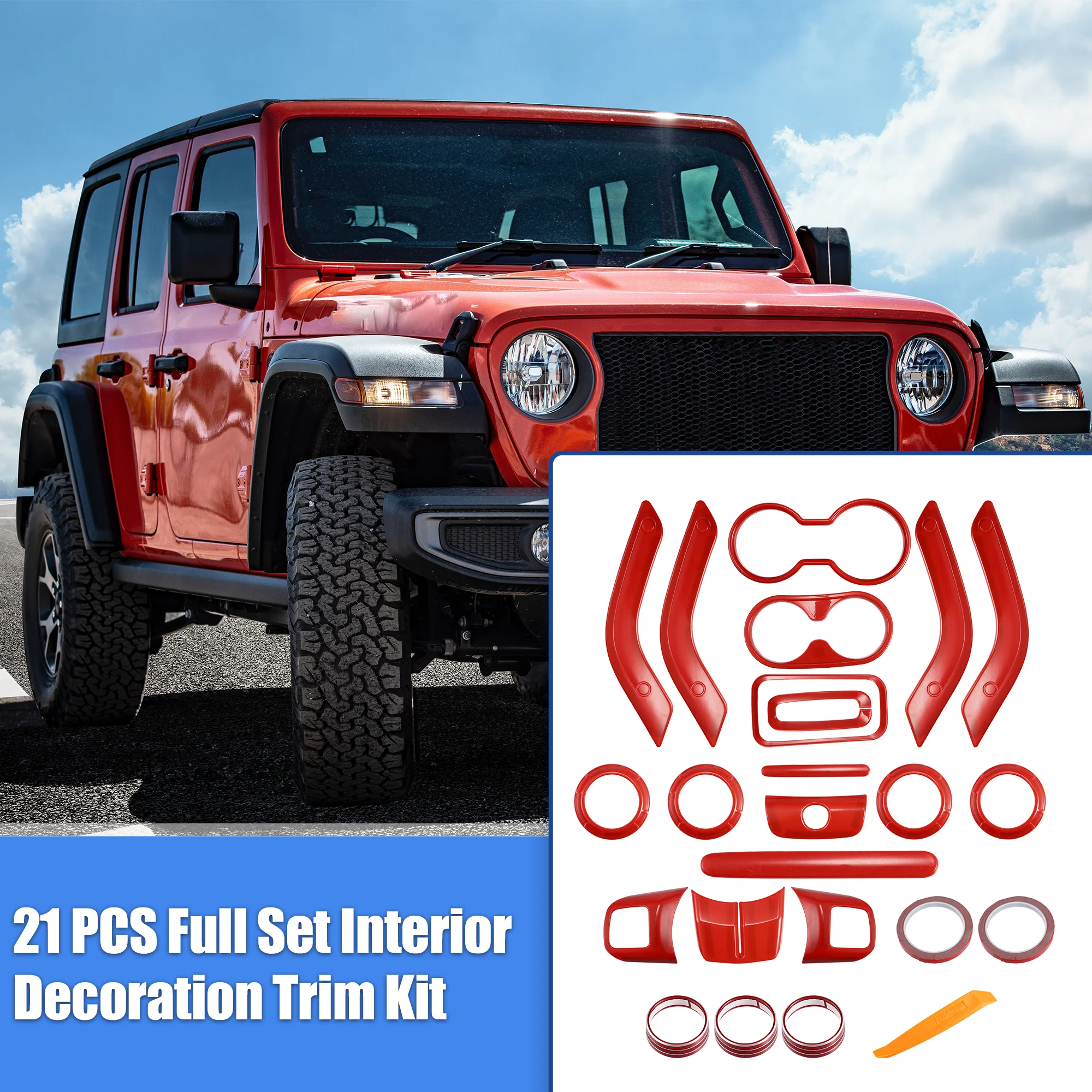 Unique Bargains 21pcs Full Set Interior Decoration Trim Kit for Jeep Wrangler JK 2011-2018 Red