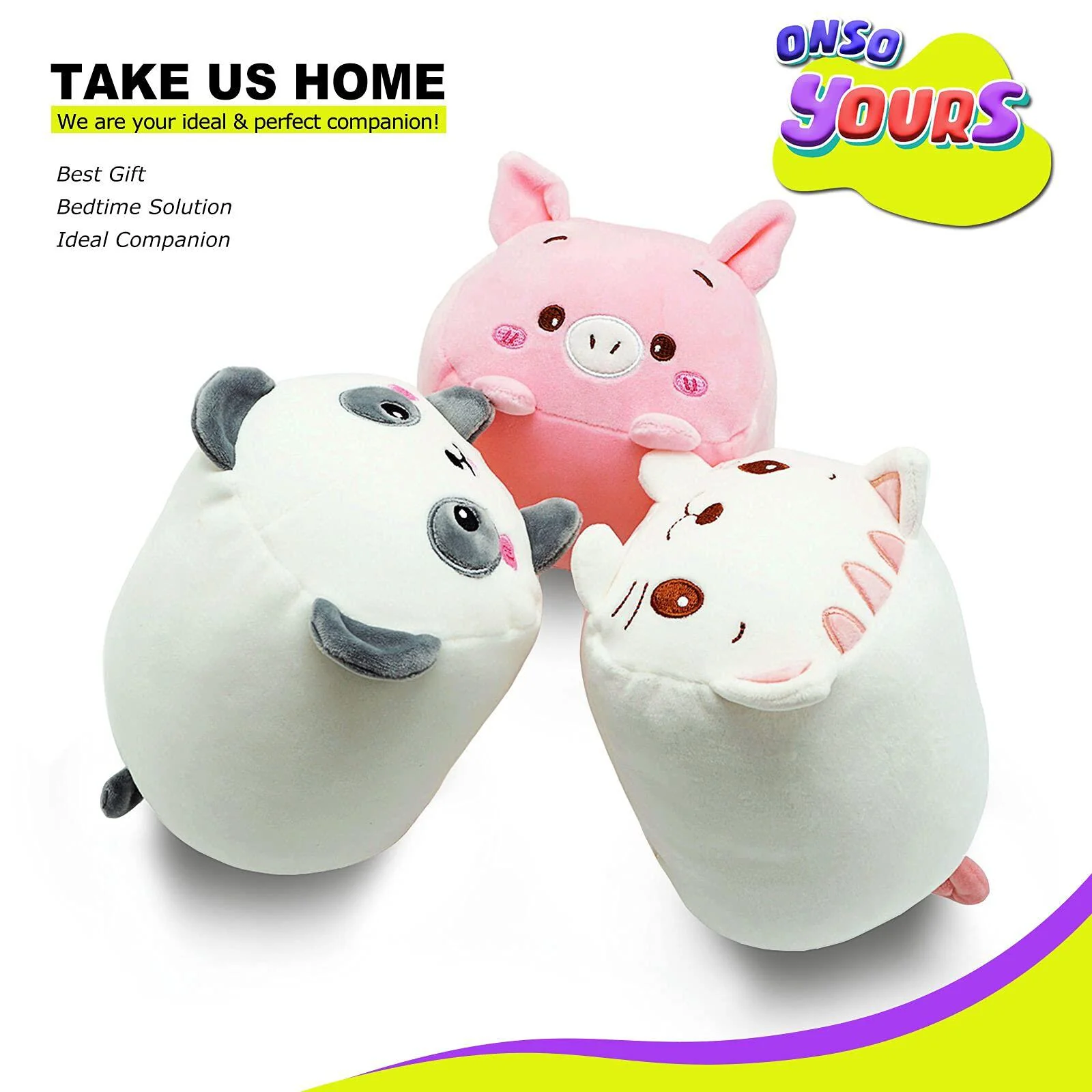 onsoyours plush toys set, 3pcs stuffed animals with panda, pig and cat, creative decoration cuddly plush pillows 9