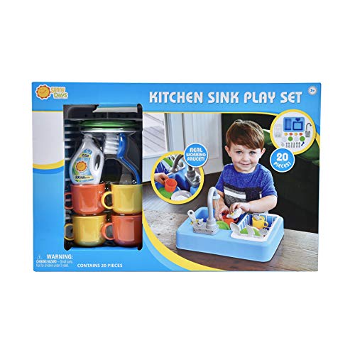Sunny Days Entertainment Kitchen Sink Play Set with Running Water – 20 Piece Pretend Play Toy for Boys and Girls | Kids Kitchen