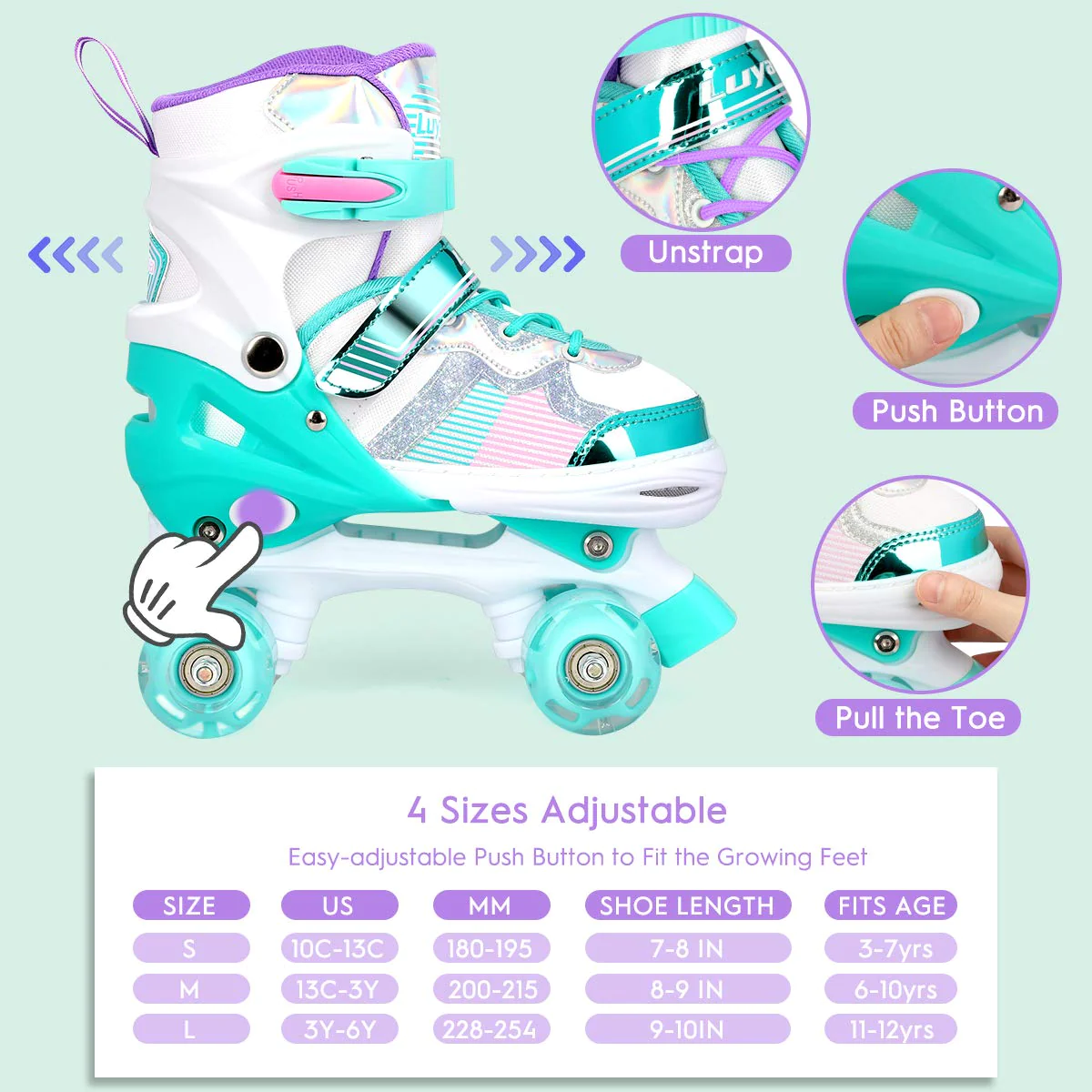 Luyata Roller Skates for Girls Boys Adjustable, 4 Size Ages 6-12 &a; 3-5, Kids Roller Skates with Light Up 8 Shining Wheels, 3 Col