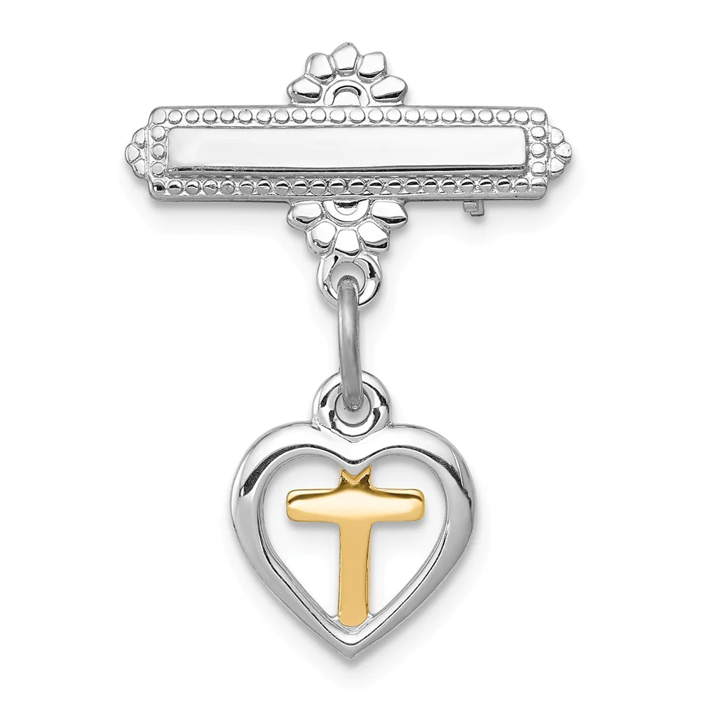 Jewelryweb Sterling Silver Dangling Heart With Gold-Flashed Cross Pin