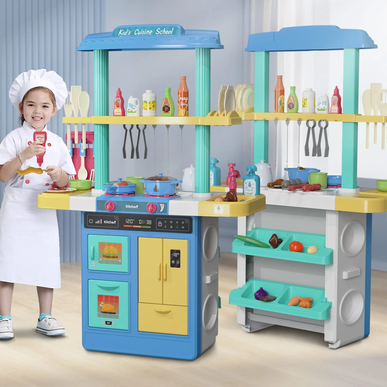 Temi Kids Kitchen Playset  60 Pcs Toy Accessories Set,Kids Pink Kitchen Toys  Grill Playset, Play Kitchen Wreal Sounds And Lig