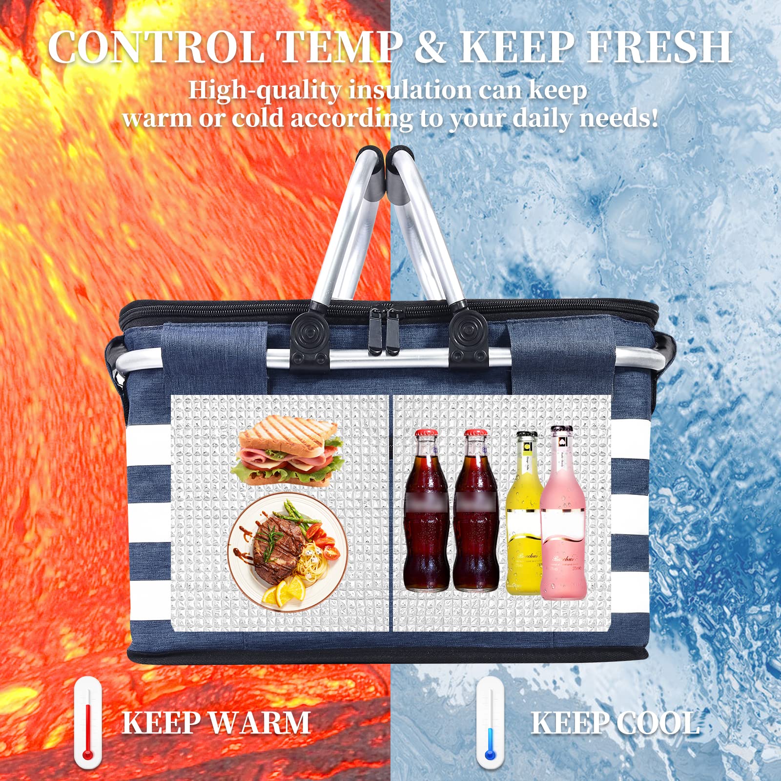 KEFOMOL Insulated Picnic Basket,Leak-Proof Collapsible Cooler Bag,26L Grocery Basket with Lid,2 Sturdy Handles,Storage Basket fo
